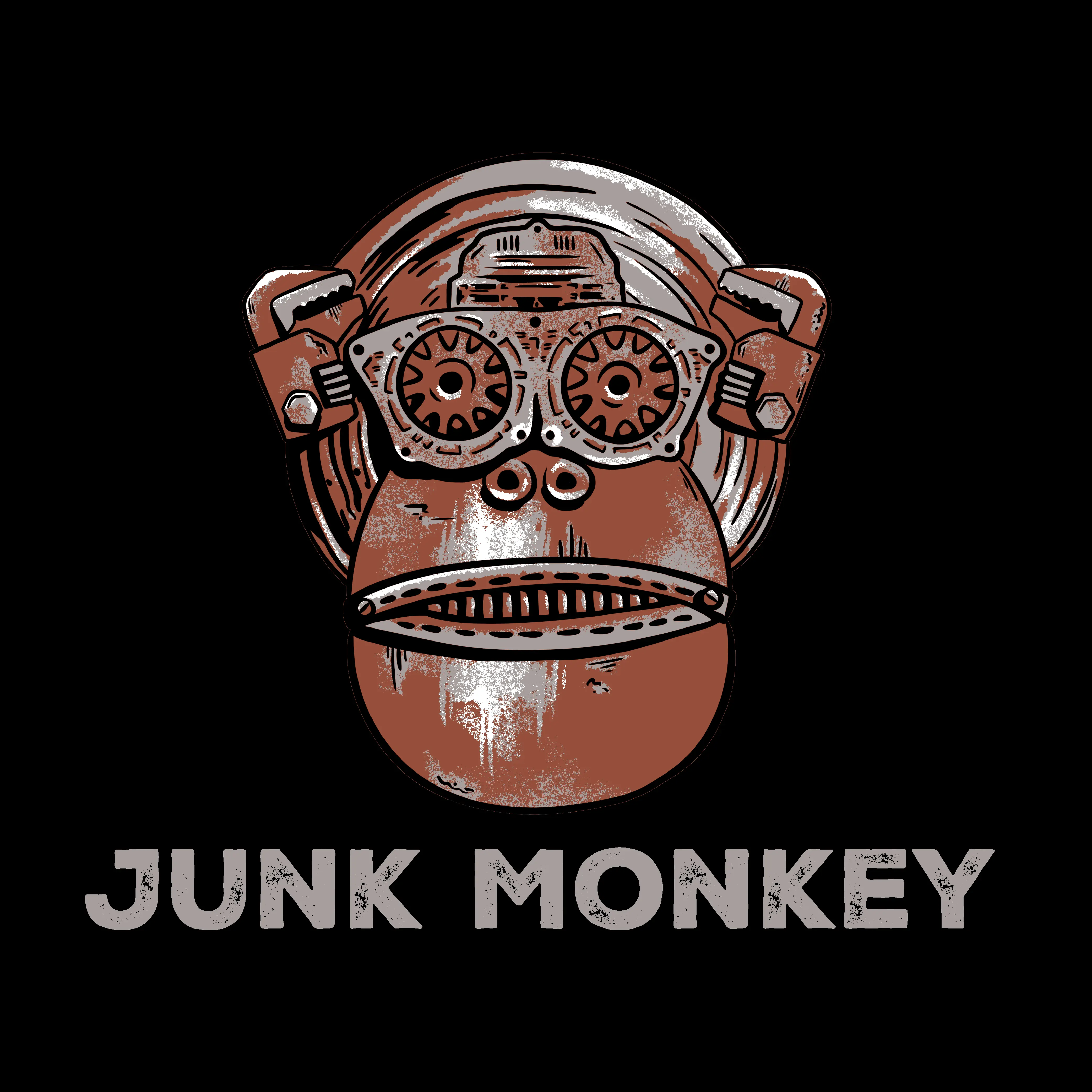 Illustrated logo of a Monkey head made out of rusty car parts. The words 'Junk Monkey' are in a 
                        distressed font under the illustration.